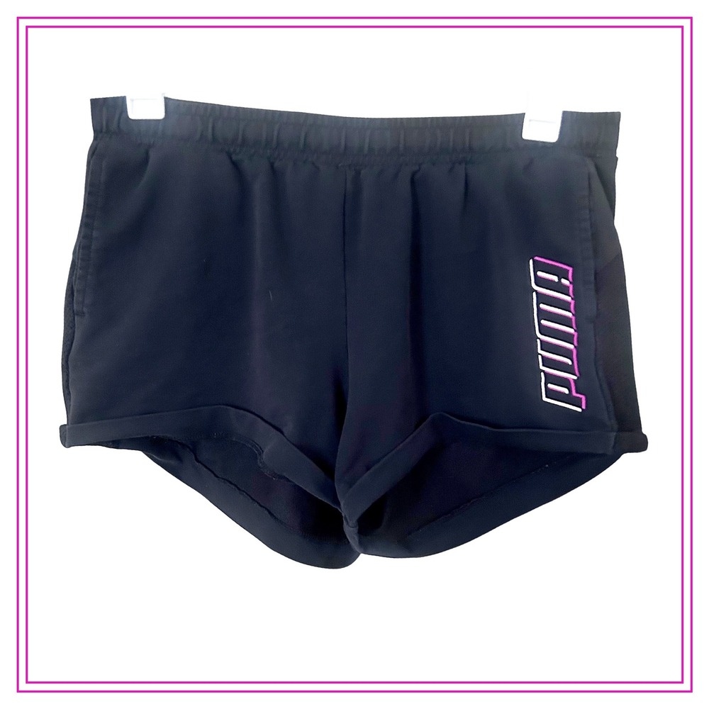 Puma Womens Black Pink Graphic Logo Athletic Gym Shorts 854245-51 Small‎